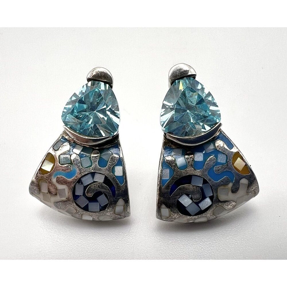 Sterling Silver Aquamarine Enamel & Shell Inlay Intricate Earrings